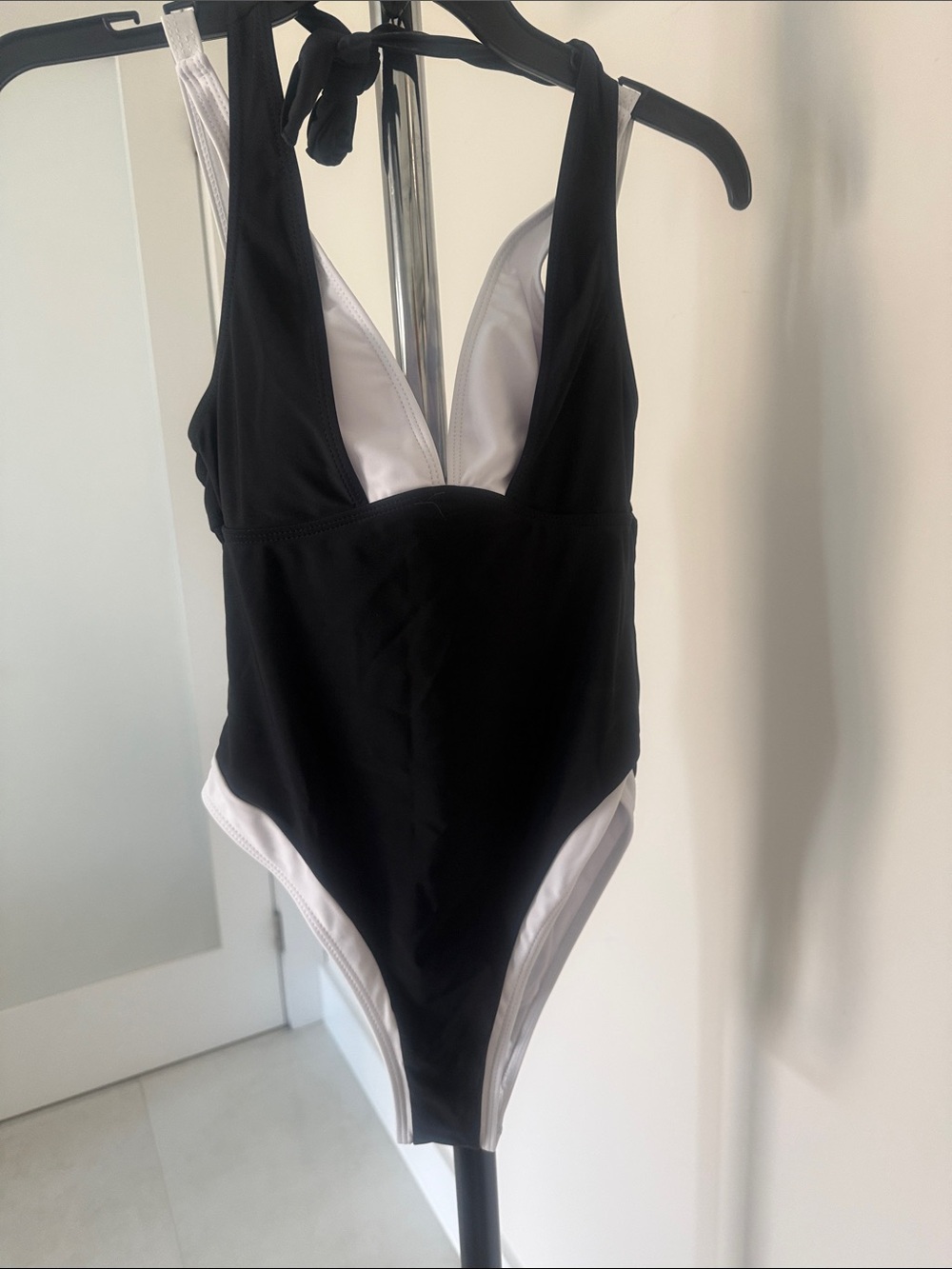 Black and White One-Piece Halter Swimsuit